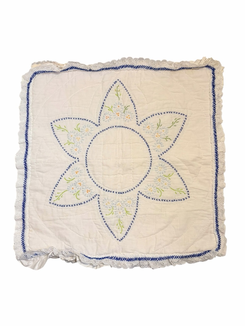 Vintage Handmade Embroidered Floral Quilted Ruffle Pillow Cover